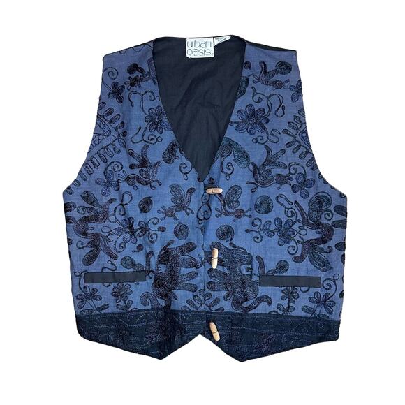 Vintage Vest 1990s Floral Waistcoat Embroidered 100% Cotton Wood Button - Picture 1 of 8